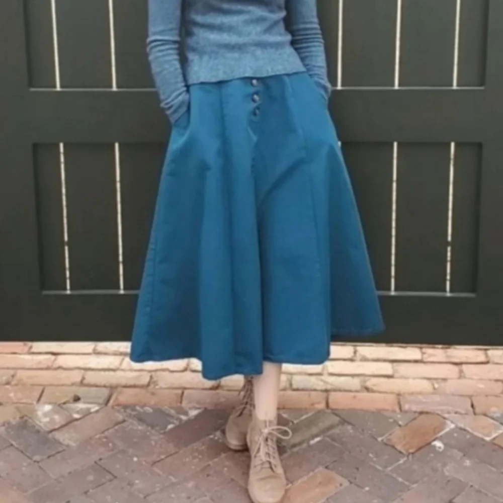 Vintage Blue Midi Skirt with Button Detail Extra Small